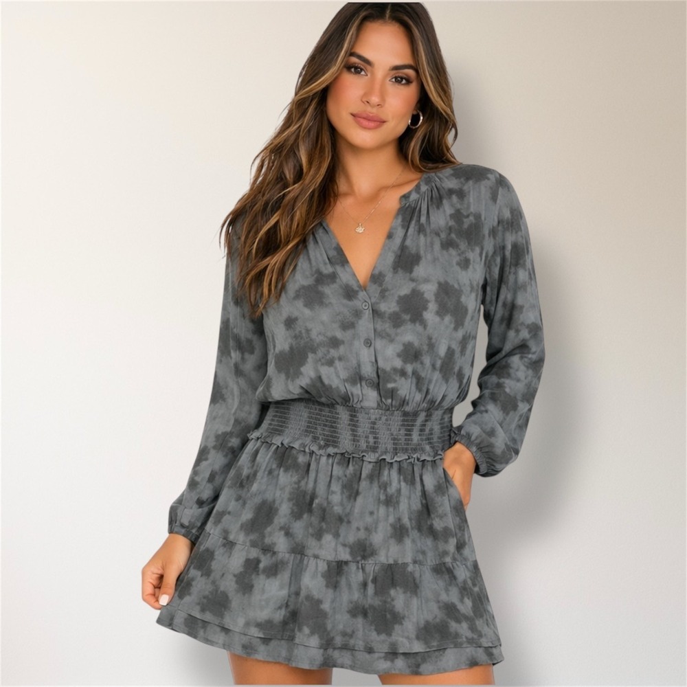 Rails S Gray Slate Tie Dye Boho Mini Dress Smocked Waist V Neck Tiered‎ Festival